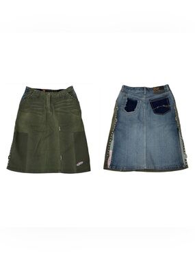 Vintage Late 90s Y2K Parasuco Patchwork Midi Skirt Denim Army Green Size 2 Rare